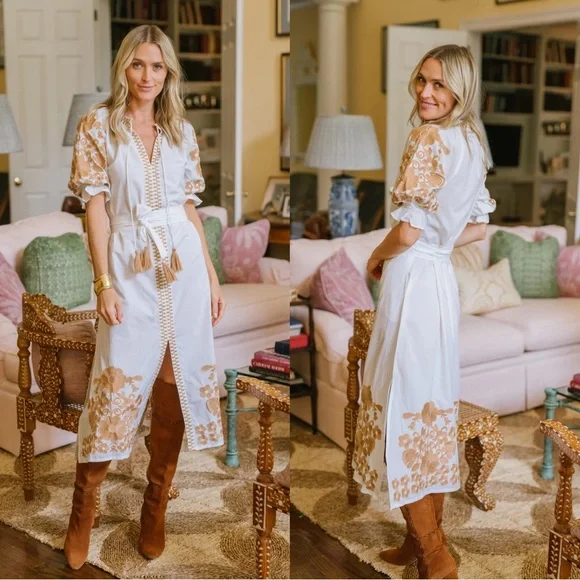 Julia Amory Short Sleeve Coatue Caftan Camel Embroidered Midi Dress - Picture 10 of 11